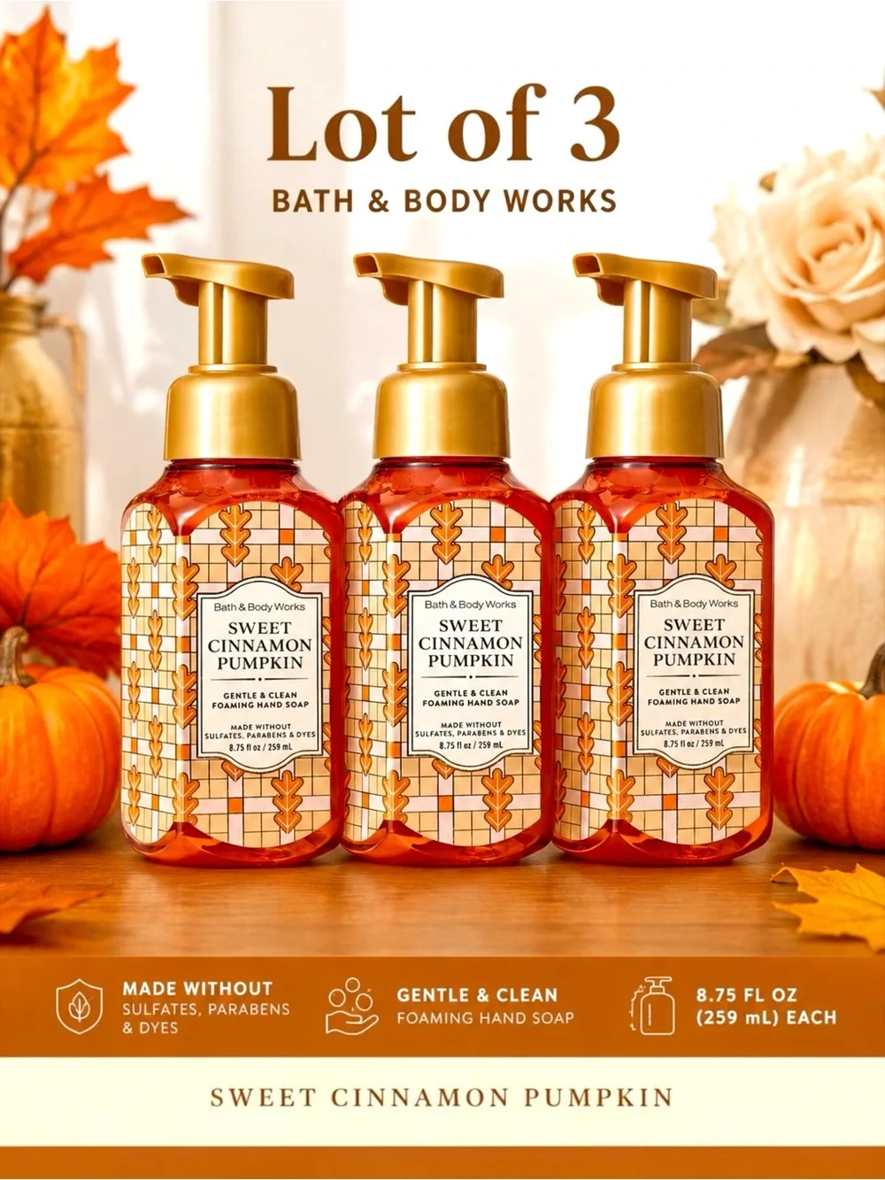 Bath & Body Works Sweet Cinnamon Pumpkin Foaming Hand Soap Lot of 3 Fall New